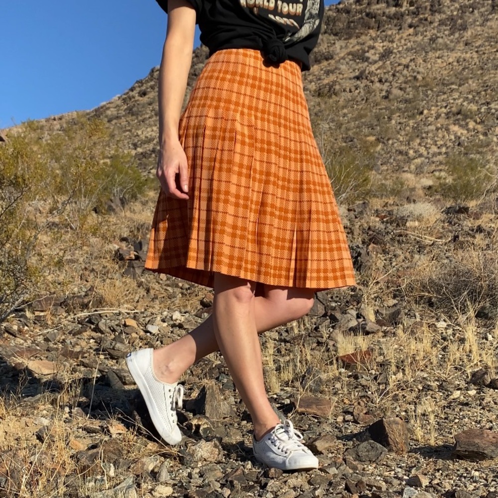 High waist preppy orange plaid pleated midi skirt - Picture 10 of 16